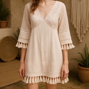Baevely Boho Style Dress Embroidery  Lace Tassel Beach Summer Natural Cotton